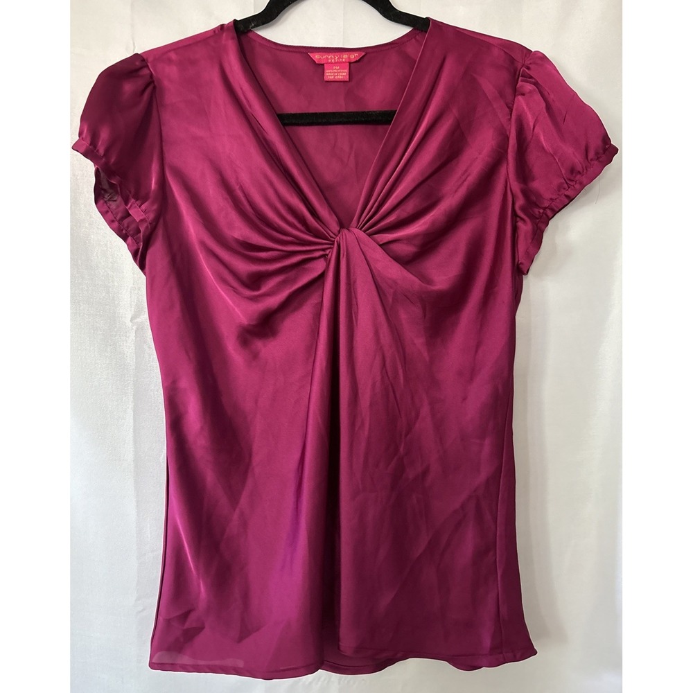 Sunny Leigh Blouse Women PM Burgundy Twist Front Satin Short Sleeve Top